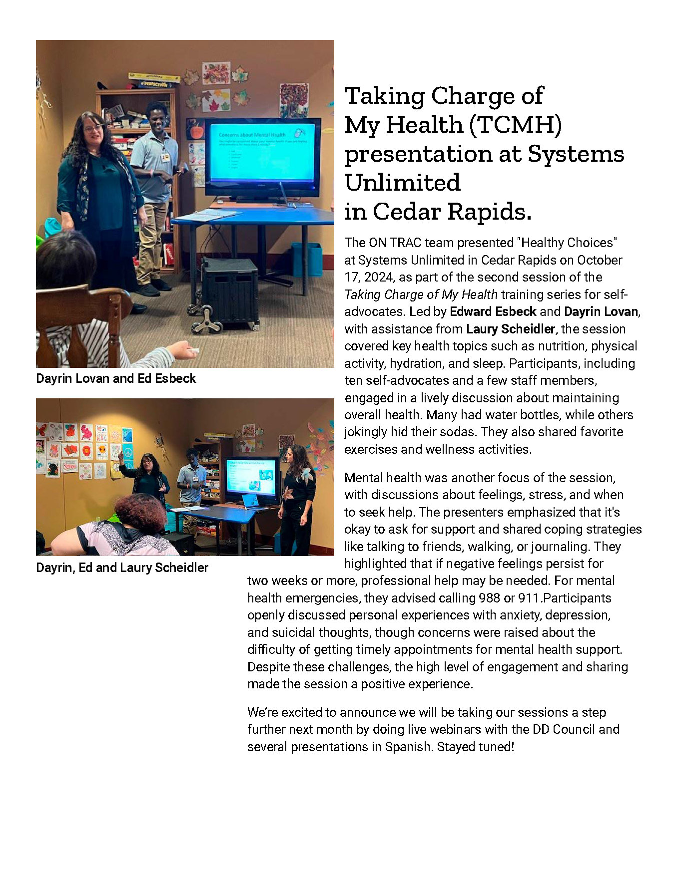 CDD's ON TRAC team presents Taking Charge of My Health at Systems Unlimited