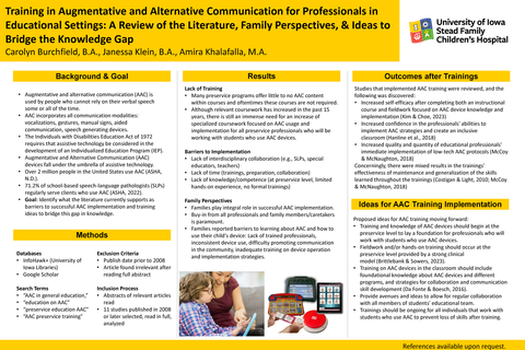 Carolyn Burchfield and Janessa Klein, Speech-Language Pathology; and Amira Khalafalla, Family research poster