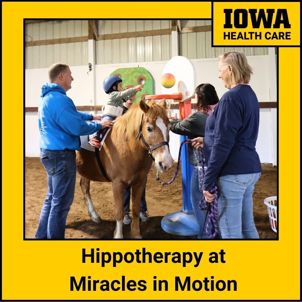 toddler on horse throwing ball into bb hoop, dad holding onto him, two others observing